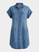 Blair Short Sleeve Denim Mini Shirt Dress in light blue, front view showing point collar, full button-front placket, and twin chest patch pockets.