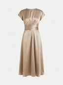 Taupe satin midi dress with cap sleeves and a wrapped waist, front view on a white background.