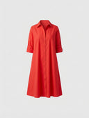 Agnes Summer Midi Shirt Dress in red — front view showing pointed collar, concealed button-front placket and tab-roll ¾ sleeves on white background.