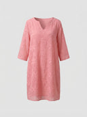 Amber Summer Mini Dress in Pink — floral embroidered shift mini dress with V-notch neckline and 3/4 sleeves, front view on grey background.