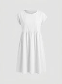 Amelia cap sleeve empire waist midi sundress in white, front view on light grey background.