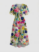 Amelia Flutter Sleeve Floral Midi Dress in multicolour mixed floral print with surplice wrap V-neckline and flutter sleeves, front view on white background.