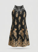 Amelia Halter Neck Mini Summer Dress in Khaki, dark khaki ground with gold geometric paisley print and braided crisscross halter neckline, front view.