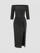 Black shimmer off-shoulder bodycon midi dress with 3/4 sleeves, ruched front-hip gather and front thigh slit, front view.