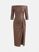 Brown shimmer off-shoulder bodycon midi dress with 3/4 sleeves, ruched front-hip detail, front view.