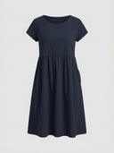 Navy blue mini dress with short sleeves and gathered waist, front view.
