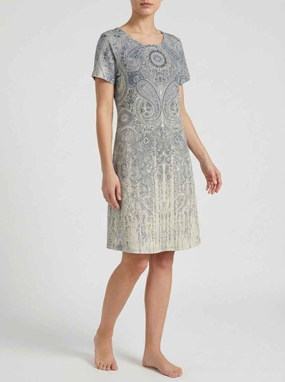 Amelia short sleeve paisley mini dress in grey — blue-grey ombré paisley print on cream base, angled front view, summer wedding guest dress