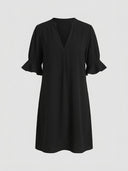 Amelia V-neck ruffle sleeve summer midi dress in black, front view on light background