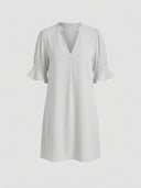 Amelia V-neck ruffle sleeve summer midi dress in white, front view on white background