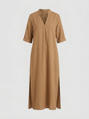 Beatrice linen-look maxi dress in khaki, front view showing mandarin collar, notched V-neckline, cuffed three-quarter sleeves, and side slits.