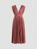 Charlotte Pleated V-Neck Midi Dress in Dark Pink — deep V-neck pleated midi dress with open tie-back, front view on light grey background.