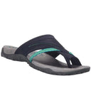 Black and teal cushioned toe-post thong sandal with contoured grey footbed, angled side view on white background.