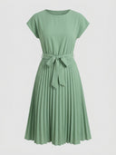 Mint green Ciara Pleated Cap Sleeve Midi Dress with self-tie bow waist belt and fully pleated A-line midi skirt, front view on light background.