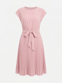 Pink Ciara Pleated Cap Sleeve Midi Dress with self-tie bow waist belt and fully pleated A-line midi skirt, front view on white background.