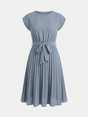 Sky blue Ciara Pleated Cap Sleeve Midi Dress with self-tie bow belt and fully pleated A-line midi skirt, front view on white background.