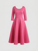 Daisy pink A-line midi wedding guest dress with bateau neckline, three-quarter sleeves and rhinestone embellished belt, front view on white background.