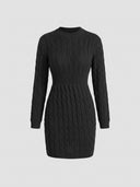 Black cable knit mini dress with mock neck, long balloon sleeves and ribbed waistband — front view on grey background.