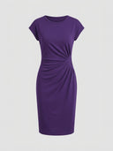 Purple ruched bodycon mini dress with cap sleeves, front view on a white background.