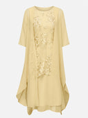 Daisy pale yellow floral embroidered midi dress with matching chiffon jacket, front view — summer wedding guest outfit.