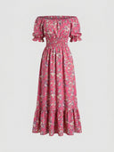 Daisy off-shoulder smocked floral mini dress in Pink, short puff sleeves and tiered ruffle hem, front view on white background.
