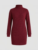 Daisy ribbed turtleneck long sleeve mini knit dress in red, bodycon fit, front view on light grey background.