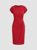 Red cap-sleeve ruched waist bodycon midi dress, front view — Daisy by Credo Nera.