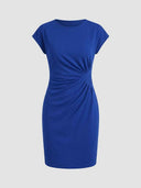 Royal blue cap-sleeve ruched waist bodycon midi dress, front view on white background — Daisy by Credo Nera.