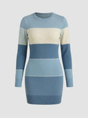 Blue, light blue, and cream striped knit mini dress with long sleeves, front view.