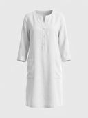 Daisy 3/4 sleeve relaxed shift dress in white woven, round crew neck, partial button placket, roll-tab sleeves and two front pockets, front view.