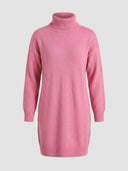 Pink ribbed knit turtleneck mini dress with long sleeves, straight-on front view on white background.