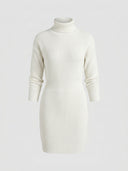 White ribbed knit turtleneck mini dress with long sleeves and ribbed cuffs, front view on white background.