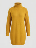 Yellow ribbed knit turtleneck mini dress with long sleeves, front view on white background.