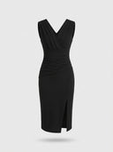 Black sleeveless V-neck ruched bodycon midi dress with pleated bodice, gathered waist, and side slit, front view.