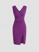 Purple sleeveless V-neck ruched bodycon midi dress with pleated bodice and side slit, front view on white background.