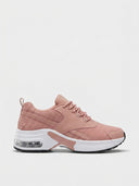 Cushioned women's trainer in Pink — pink iridescent mesh and synthetic leather upper with white chunky midsole and visible air-cushion pod, side view.