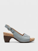 Grey cork platform block heel slingback sandal with wooden heel and open peep toe, side view on white background.