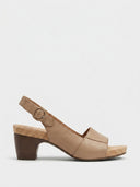 Khaki cork platform slingback sandal with block heel and peep toe, side view on white background.