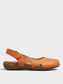 Orange closed-toe slingback sandals with cutout vamp detailing and textured cork sole, side view.