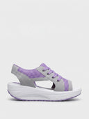 Purple open-toe lace-up platform sandals with grey overlays and white chunky sole, side view on white background.