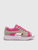 Rose red and beige open-toe lace-up platform sandals with mesh upper and white cushioned sole, side view.