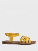 Yellow flat sandals with woven crisscross front straps and elastic ankle strap, side view on white background.