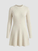 Cream ribbed long-sleeve midi dress with mock neck, front view on a light gray background.