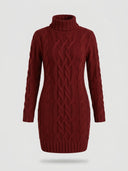 Red cable knit turtleneck mini dress with long sleeves, front view on a white background.