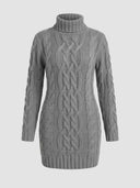 Gray cable knit mini dress with turtleneck and long sleeves, front view.