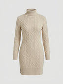 Beige cable knit turtleneck mini dress with long sleeves, front view.