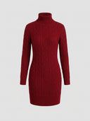 Red cable knit turtleneck mini dress with long sleeves, front view on a white background.