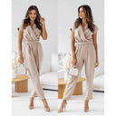 Dove lightweight tie-waist jumpsuit in beige, shown on a model from the front and side.