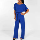 Royal blue jumpsuit with wide legs, boat neck, and waist tie, front view.