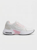 Air cushion colour-block trainers in Rose Red — women's lace-up retro running style, size 35.
