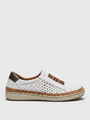 Slip-on perforated comfort trainers in White, side view showing cork midsole and white rubber outsole.
